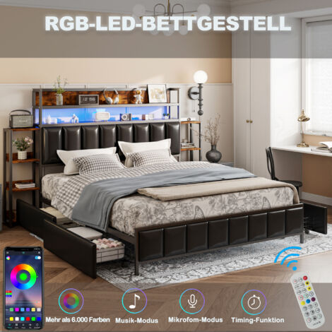 Letto matrimoniale con LED a 3 lati, sistema idraulico e contenitore, testiera con USB-C, PU