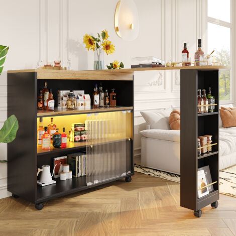 Tavolo da pranzo con barra retrattile, credenza LED, con ruote, rotazione 360°, MDF, nero, 138 (204) x39x105cm