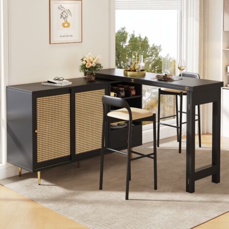 Tavolo da pranzo 107x40x71,4cm con barra retrattile, rotazione a 360°, credenza, mobile da cucina, tanto spazio di archiviazione, MDF, nero (1/5)