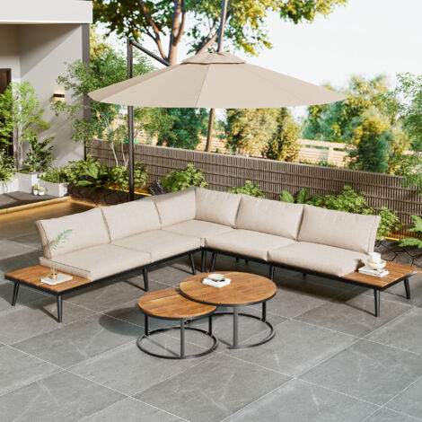 Set tavolo e sedie da giardino (2 divani + 2 poltrone + 2 divani rotondi bassi incastro) 6 posti, adatto per giardino/balcone, metallo, beige (1/5)