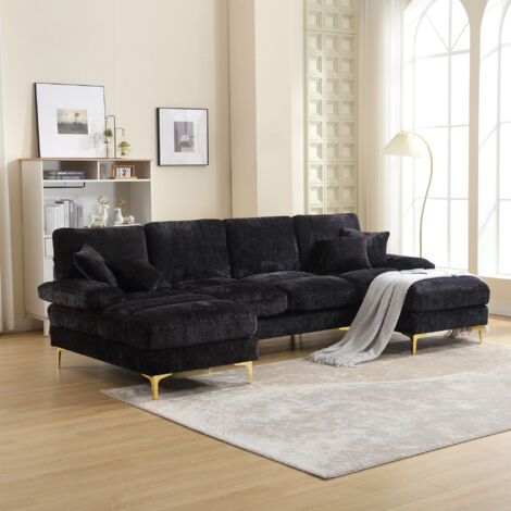 Divani angolari 272x136x88cm con 4 cuscini grandi 2 cuscini piccoli, 4 posti, a forma di U, adatti per soggiorno/camera da letto/ufficio, tessuto ciniglia, nero
