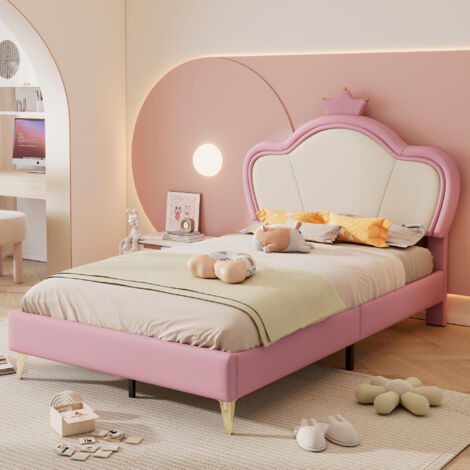 Letti singoli per bambini 90x200 cm, testiera a forma di corona, gambe in metallo, PU, senza materasso, rosa/bianco (1/5)