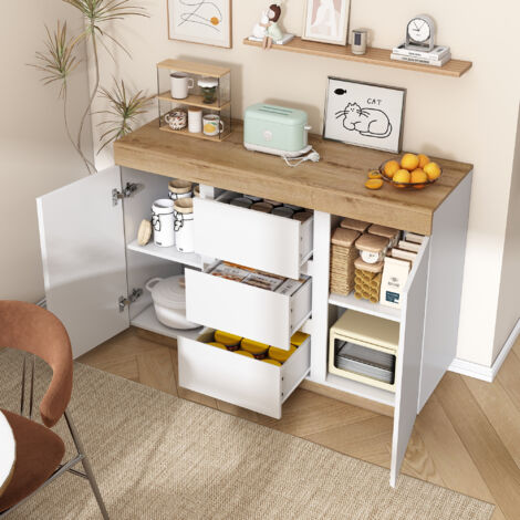 Cassettiera 120,5x40,2x82,5cm con 3 cassetti 2 ante, credenza, mobile da cucina, truciolato, bianco/naturale