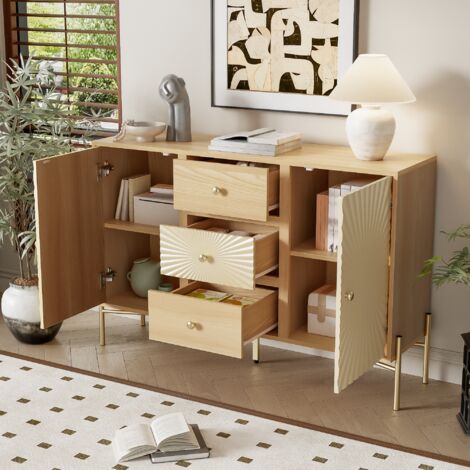 Credenza da 160 cm, quattro porte, maniglie dorate spazzolate e gambe da tavolo lucide