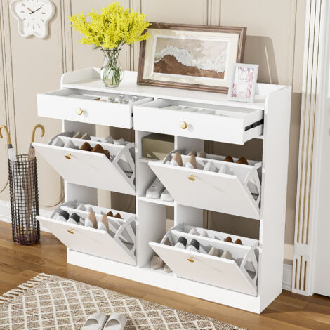 Armadio scarpiera ingresso 110x26x100 cm con 2 cassetti, 4 vani con ribalte, doppio ripiano, senza schienale, pannello truciolare, bianco