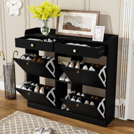 Armadio scarpiera ingresso 110x26x100 cm con 2 cassetti, 4 vani con ribalte, doppio ripiano, senza schienale, pannello truciolare, nero