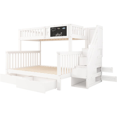 Letto A Castello Con Letto Estraibile 90x200 + 140x200, Con Contenitori E Sponde, In Legno Massiccio, Bianco