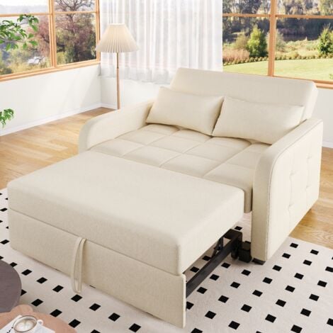 Divano letto 2 posti, 127x75x94cm divano dritto, poltrona con 2 cuscini, schienale regolabile, lino, beige