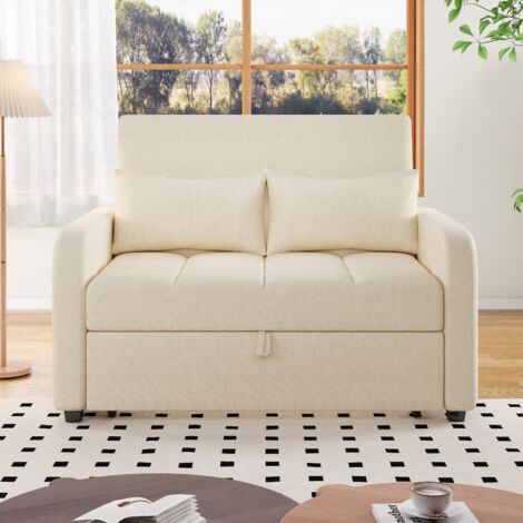 Divano letto 2 posti, 127x75x94cm divano dritto, poltrona con 2 cuscini, schienale regolabile, lino, beige