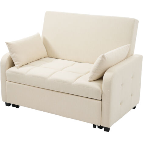 Divano letto 2 posti, 127x75x94cm divano dritto, poltrona con 2 cuscini, schienale regolabile, lino, beige
