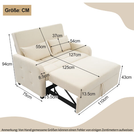Divano letto 2 posti, 127x75x94cm divano dritto, poltrona con 2 cuscini, schienale regolabile, lino, beige