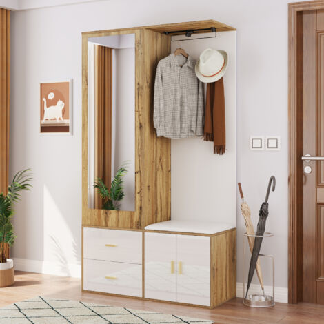 Appendiabiti con scarpiera, armadi, 100x38x180 cm, 2 cassetti 2 ante, con panca portascarpe e specchio, asta appendiabiti a scomparsa, pannello truciolare, naturale