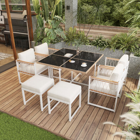 Set di divani da giardino a 6 posti, 4 poltrone + 2 sgabelli + 1 tavolo, piano in vetro nero, legno + metallo + rattan PE, naturale + bianco (1/5)