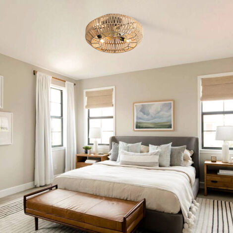 Ventilatore A Soffitto Con Luce In Rattan Art, Telecomando E Motore Silenzioso, Per Un Ambiente Fresco E Di Design - 6