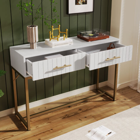 Toeletta trucco 100x45x75cm con 2 cassetti, maniglie e gambe dorate, pannello truciolare, bianco