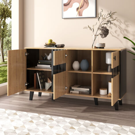 Credenza buffet madie 140x41x78,5cm con 3 ante, LED, mobile cucina, pannello truciolare + vetro, nero + naturale