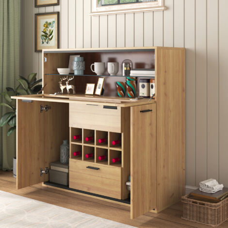 Credenza buffet madie 110x38x111cm con 2 cassetti 3 ante, cassettiera, mobile cucina, ripiano in vetro, con portabottiglie, pannello truciolare, naturale (1/5)
