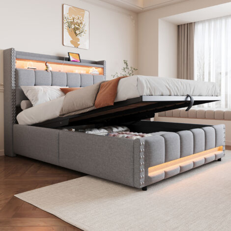 JYNVO Letto matrimoniale 160x200, con Contenitore Idraulico e Illuminazione LED, Porta USB integrata, testiera imbottita, letto imbottito con rete a doghe, flanella, beige, senza materasso