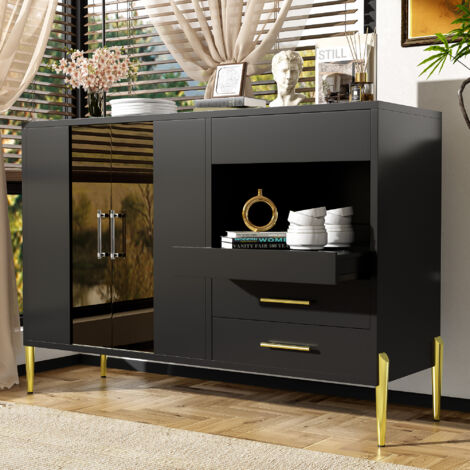 BELLEZE Credenza Buffet 152 Cm Con 3 Cassetti E 2 Ante In Vetro - Bianco E Legno, Maniglie Oro, Per Sala Da Pranzo E Soggiorno