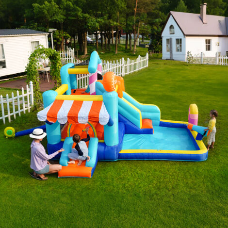 Castello gonfiabile per bambini 340x395x236cm, scivolo + piscina + trampolino, con soffiatore, multifunzionale, tessuto Oxford, multicolore