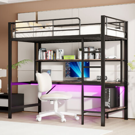 Letti a soppalco singoli per adulti/bambini 90x200cm, USB, LED, con scrivania e ripiani aperti, metallo, senza materasso, nero