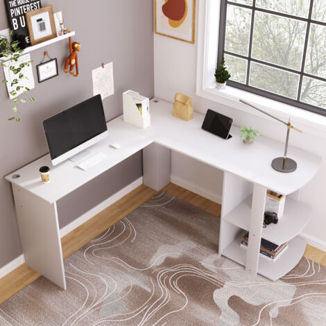 Scrivanie angolari 140x140x75 cm, ripiani aperti, pannello truciolare, bianco