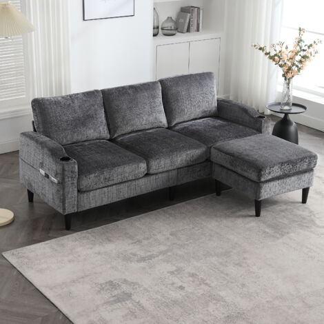 Divani angolare a 4 posti 196,5x75x77cm con poggiapiedi, tessuto ciniglia, con tasche portaoggetti, Divani comodo, grigio