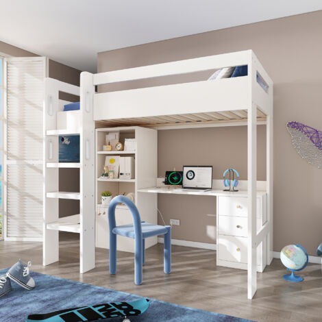 Letti a soppalco 90x200cm, con scrivania e classificatore, letti per bambini senza materasso, rete a doghe, USB, MDF, bianco
