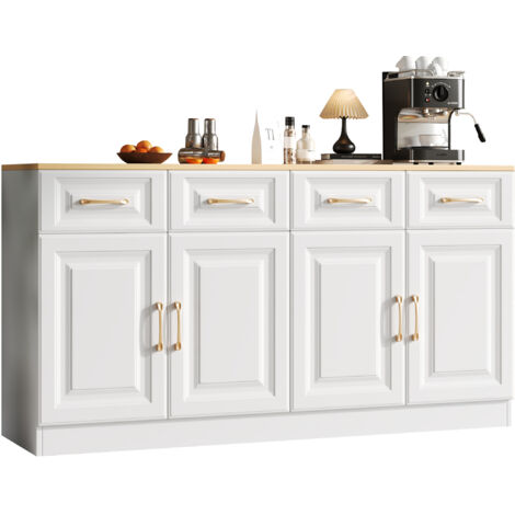 Credenza soggiorno 140x40x75 cm con 4 cassetti 4 ante, pannello truciolare, bianco