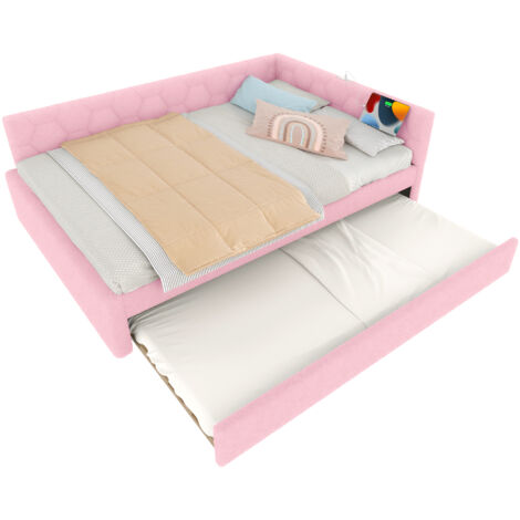 Letti per adulti 140x200 cm, letto matrimoniale con 89x188 cm letti estraibili, USB, velluto di lana imitazione, rosa