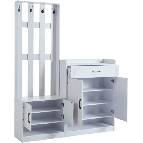 Appendiabiti ingresso e scarpiera 140.6x32x180 cm con 1 cassetto 4ante, 4 ganci, pannello truciolare, bianco