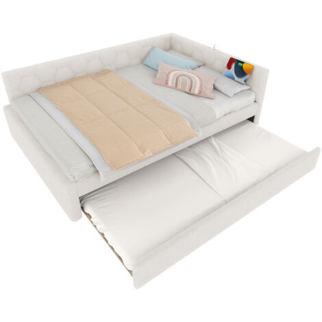 Letti per adulti 140x200 cm, letto matrimoniale con 89x188 cm letti estraibili, USB, velluto di lana imitazione, bianco