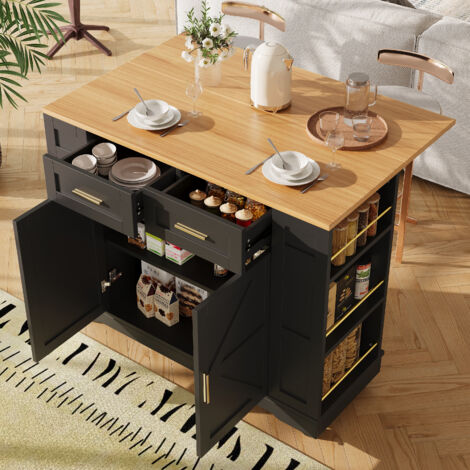 Carrello da cucina con ruote 120x65x90 cm con 2 cassetti 2 ante, piano del tavolo colore naturale, MDF, nero (1/5)
