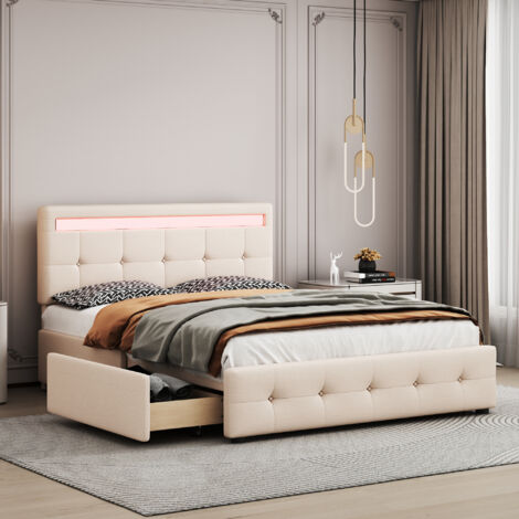 Letto Matrimoniale Imbottito Con Luci LED, USB E 4 Cassetti: Ordine E Stile Per La Camera (Beige/Grigio Scuro)