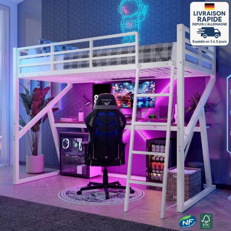 Letti a soppalco 90x200 cm, letto per bambini con scrivania, LED, senza materasso, metallo, bianco