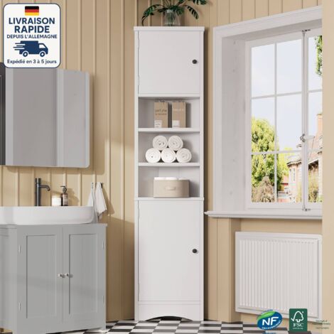 Armadietto bagno 36,5x24,5x170 cm, 2 ante, vani a giorno, triangolare, mobile angolare, ripiani regolabili, MDF, bianco