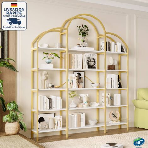 Libreria scaffale 170x26x190 cm, Ripiani multipli, portafiori, metallo + MDF, bianco e oro (1/5)