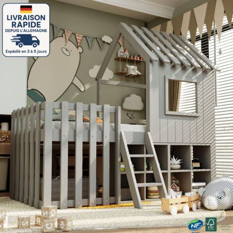 Letto a soppalco 90x200 cm - Letto per bambini 90x200 cm - Con tetto e finestre, con vano contenitore aperto - Legno certificato PEFC - Grigio (1/5)