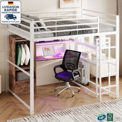Letto a soppalco 90 x 200 cm - Letto in metallo - Stile industriale - Striscia luminosa a LED regolabile - Contiene una scrivania, 1 cassetto, ripiani - Legno certificato PEFC - Bianco