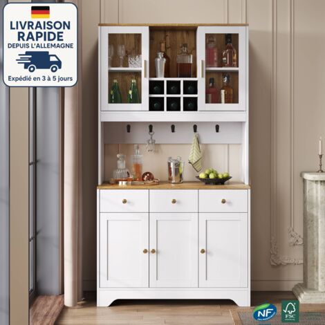 Credenza bianca - Credenza, mobile alto in legno venato bianco, 94,5 x 30 x 175,5 cm - Scandinavo - Cinque ante, tre cassetti e vani a giorno - Legno certificato PEFC - Bianco