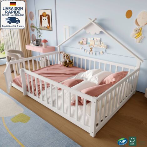 Letto a soppalco per bambini 140 x 190 cm - con rete a doghe e sponde - Sponda bloccabile - Legno certificato PEFC - Stile semplice - bianco