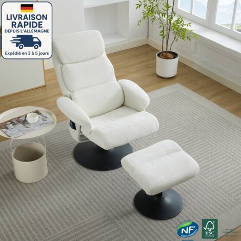 Poltrona relax - Con funzione massaggio a 5 punti - Ergonomica - Con funzione riscaldamento elettrico - Girevole a 360° - Ciniglia - Bianco (1/5)