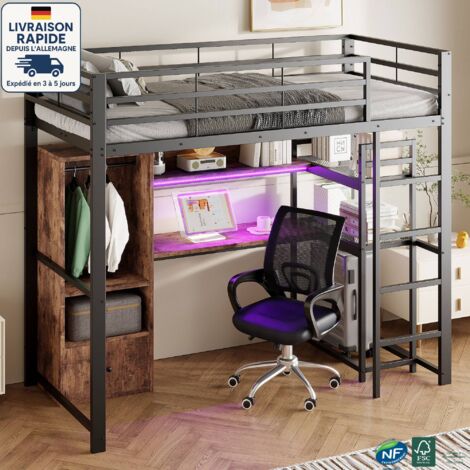 Letto a soppalco 90 x 200 cm - Letto in metallo - Stile industriale - Striscia luminosa a LED regolabile - Contiene una scrivania, 1 cassetto, ripiani - Legno certificato PEFC - Nero