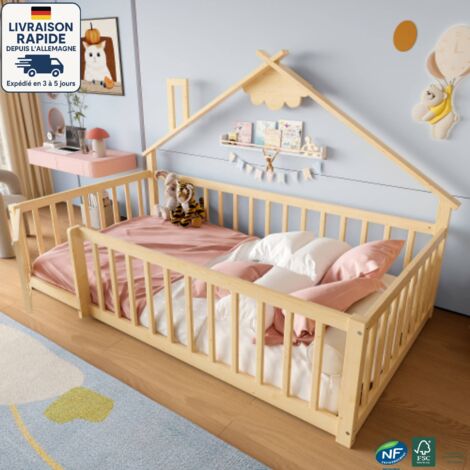Letto a soppalco per bambini 90 x 190 cm - con rete a doghe e sponde - Sponda bloccabile - Legno certificato PEFC - Stile semplice - Colore naturale