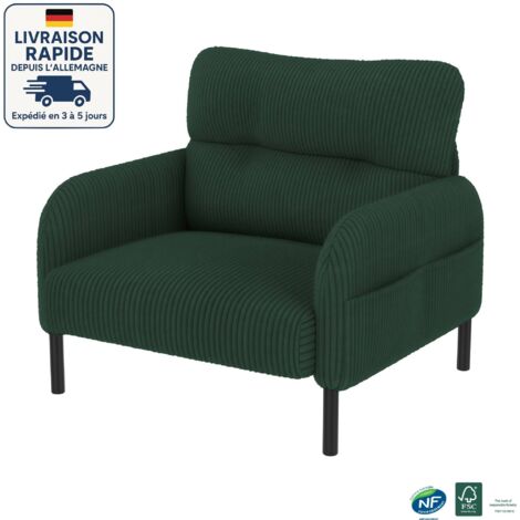 Divano in velluto - Profondità di seduta confortevole - Tasche laterali su ciascun lato dei braccioli - Costruzione solida - Scandinavo - Legno certificato PEFC - 1 posto - Verde smeraldo (1/5)