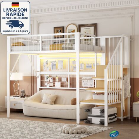 Letto a soppalco 90x200 cm - Letto a soppalco multifunzionale in metallo - Dotato di striscia luminosa a LED controllata tramite APP - Scala e armadio aperto con spazio di archiviazione - bianco