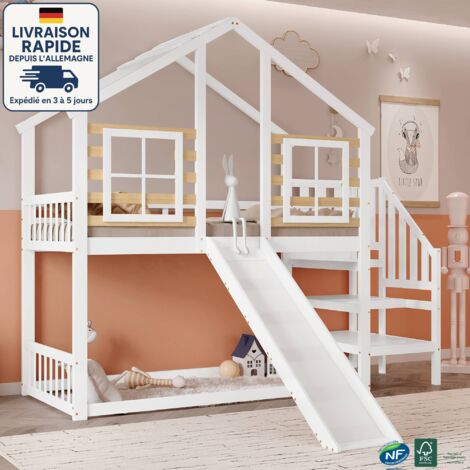 Letto a castello per bambini 90 x 200 - Letto matrimoniale a soppalco - Letto scorrevole con scaletta, sponda, letto a soppalco - Legno certificato PEFC - bianco e naturale (1/5)
