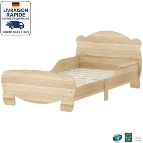 Letto per bambini 143,5 x 80 cm - Letto a forma di casetta in legno massello con protezione anticaduta - Legno certificato PEFC - Portata fino a 80 kg, con pannello posteriore con motivo a orsetto (1/5)