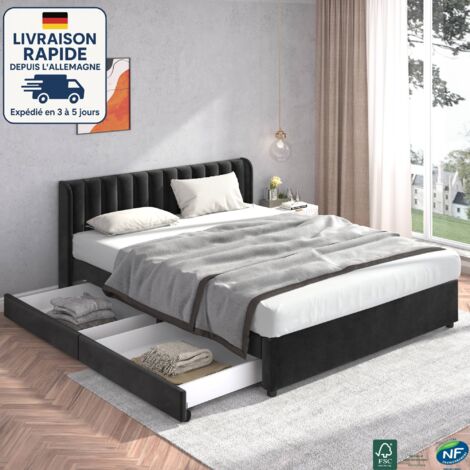 Letto con cassetti 180 x 200 cm - Letto per adulti 180 x 200 cm - Scandinavo - Legno certificato PEFC - Velluto con rete a doghe e schienale - 2 cassetti - nero (1/5)