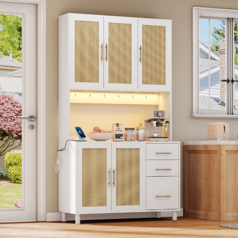 Credenza da cucina da 183 cm con illuminazione LED decorativa controllata tramite app, 2 porte USB, 2 prese e ripiani regolabili - Bianco